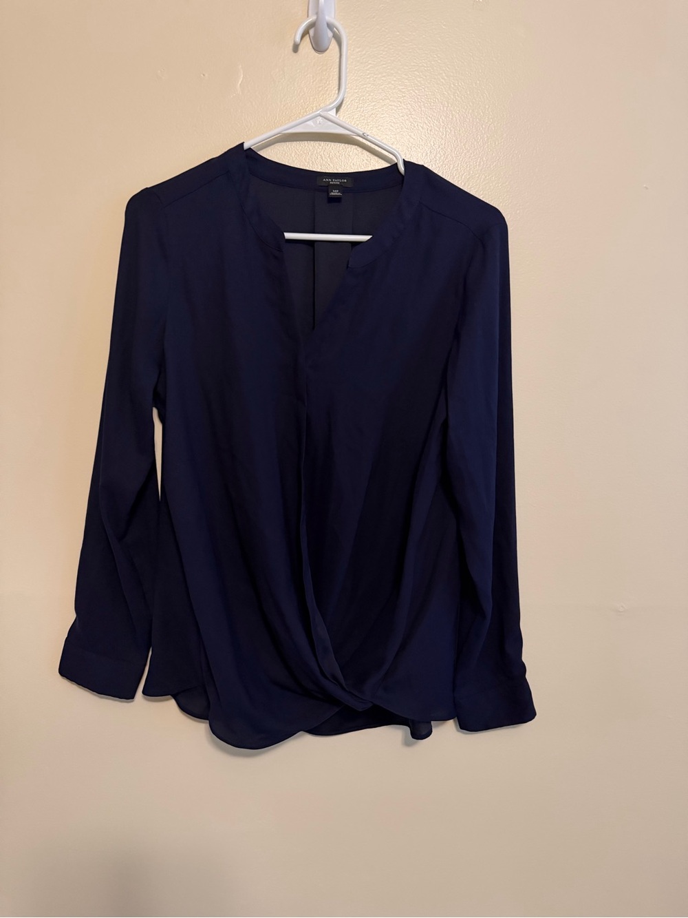 Ann Taylor Navy Twist-Front Long-Sleeve Blouse